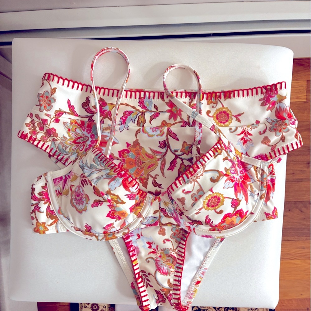 Stunning Floral Bikini Top and Bottom - Pink and Cream